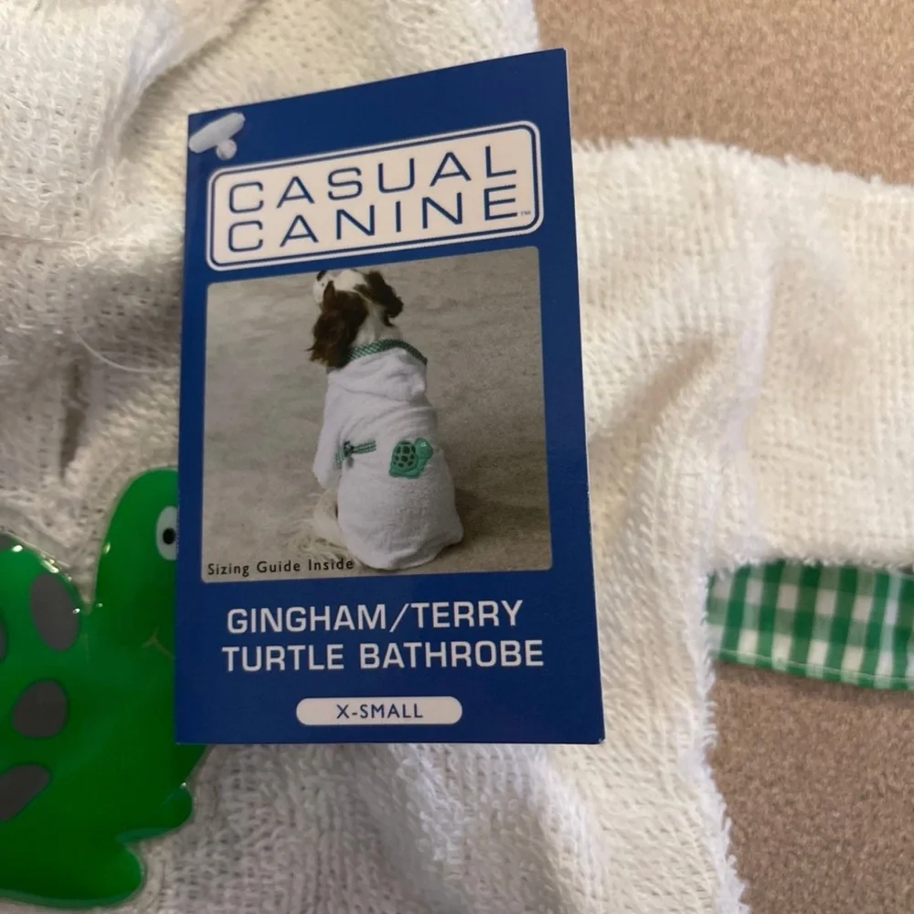 Casual Canine White Bathrobe with Green Turtle for extra small dogs